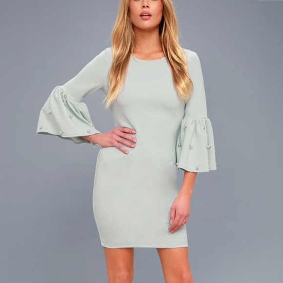Lulus Dresses & Skirts - Ethereal Dream Sage Pearl Flounce Sleeve Dress